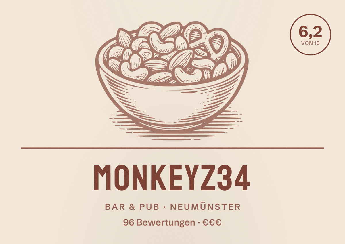 Illustriertes Poster von Monkeyz34, Bar & Pub in Neumünster: Bewertung 6,2 von 10 aus 96 Bewertungen, Preisniveau €€€