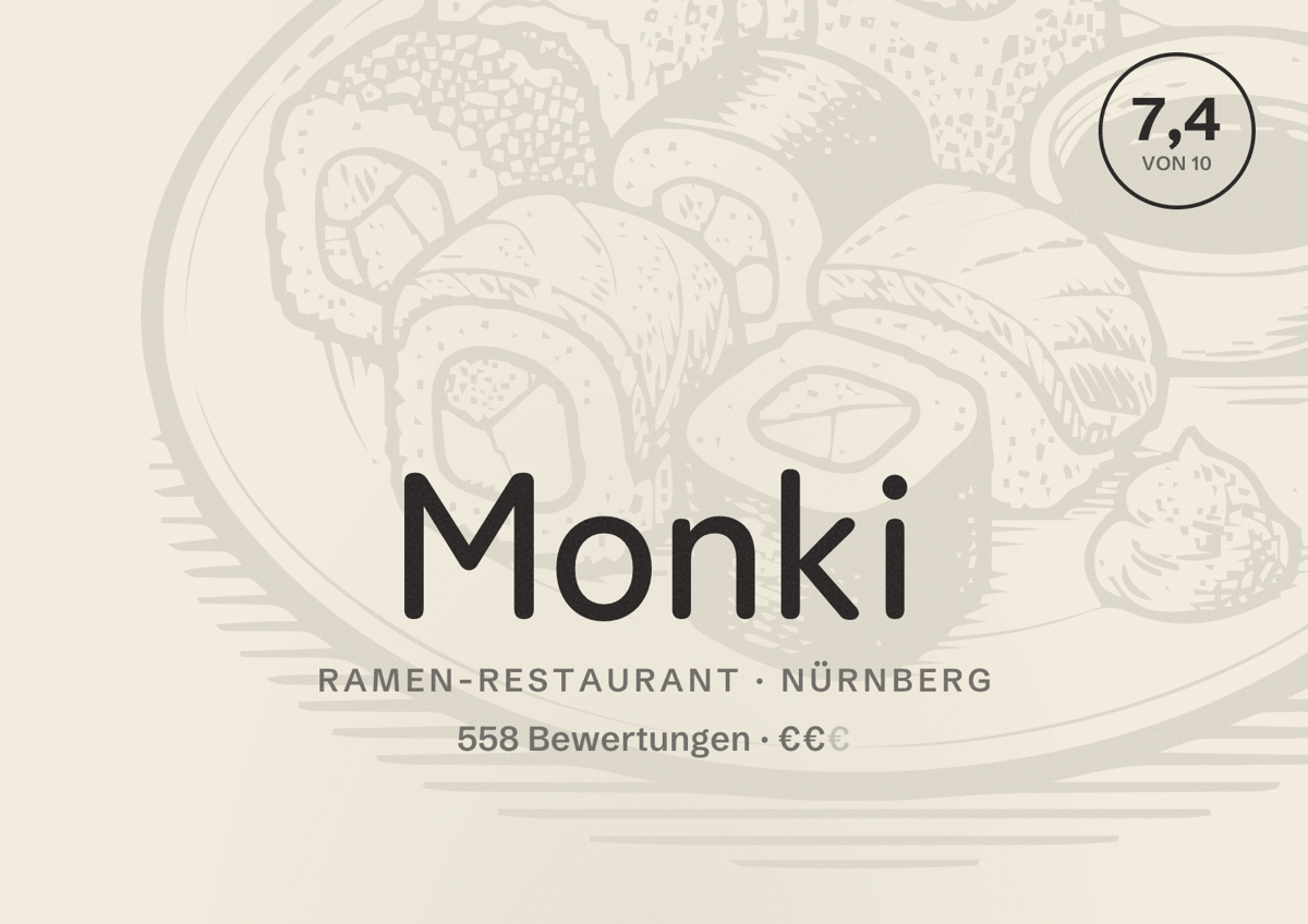Illustriertes Poster von Monki, Ramen-Restaurant in Nürnberg: Bewertung 7,4 von 10 aus 558 Bewertungen, Preisniveau €€