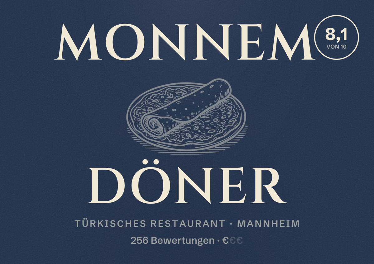 Illustriertes Poster von MONNEM DÖNER, Türkisches Restaurant in Mannheim: Bewertung 8,1 von 10 aus 256 Bewertungen, Preisniveau €