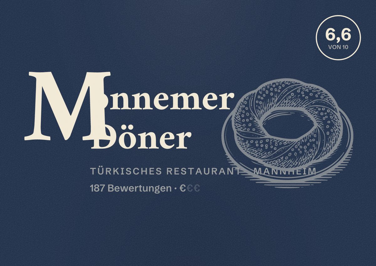 Illustriertes Poster von Monnemer Döner, Türkisches Restaurant in Mannheim: Bewertung 6,6 von 10 aus 187 Bewertungen, Preisniveau €
