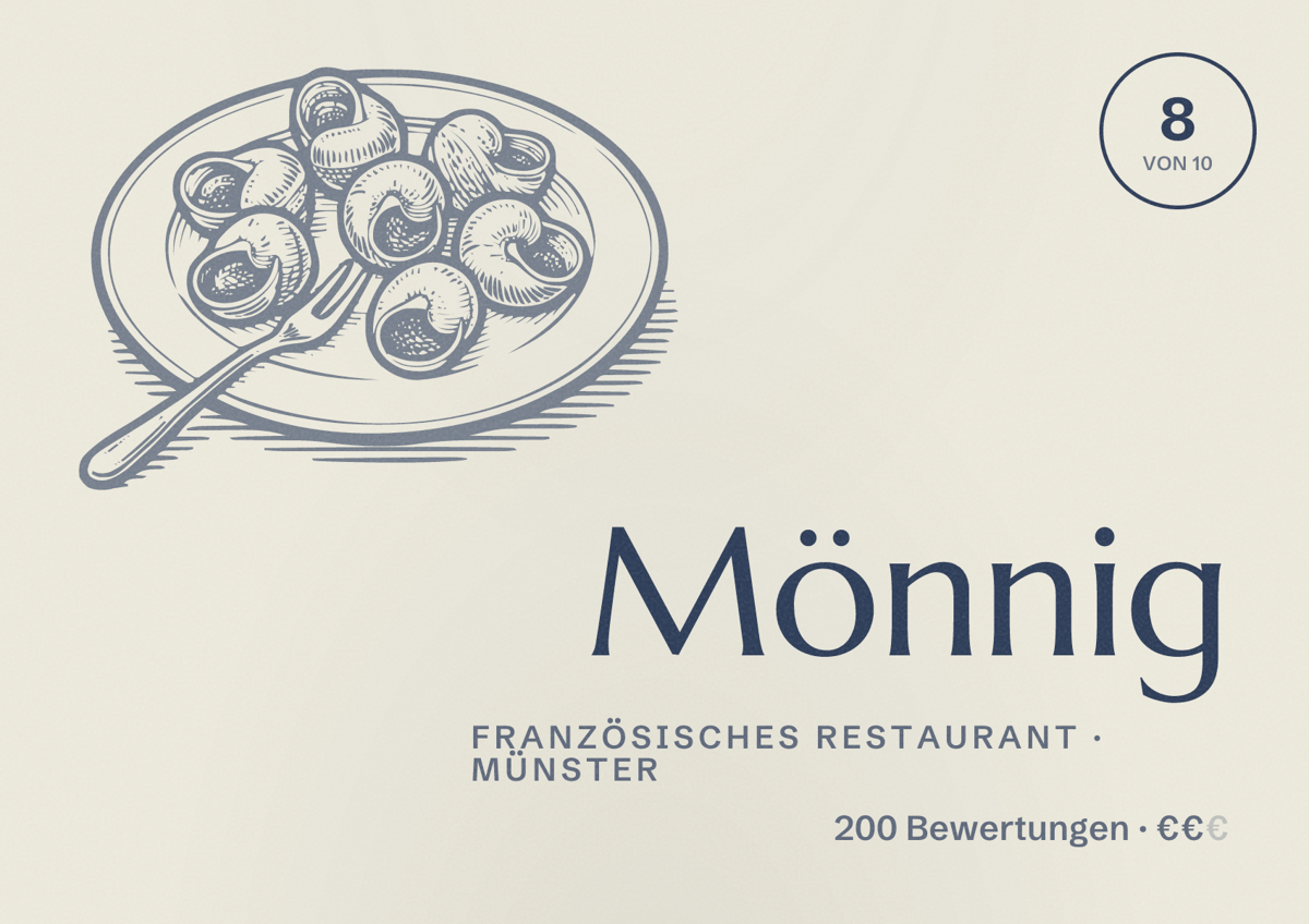 Illustriertes Poster von Mönnig, Französisches Restaurant in Münster: Bewertung 8 von 10 aus 200 Bewertungen, Preisniveau €€