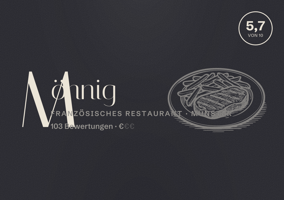 Illustriertes Poster von Mönnig, Französisches Restaurant in Münster: Bewertung 5,7 von 10 aus 103 Bewertungen, Preisniveau €