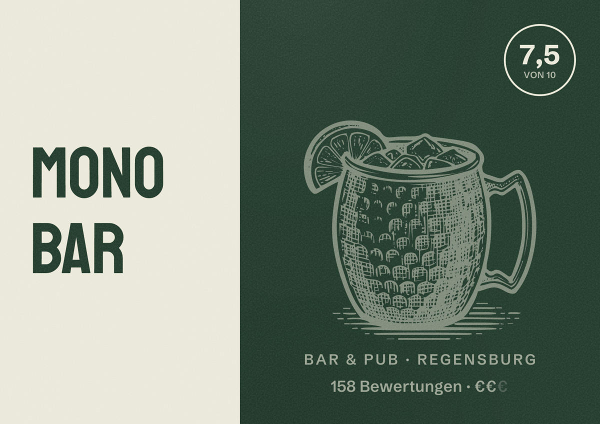 Illustriertes Poster von Mono Bar, Bar & Pub in Regensburg: Bewertung 7,5 von 10 aus 158 Bewertungen, Preisniveau €€