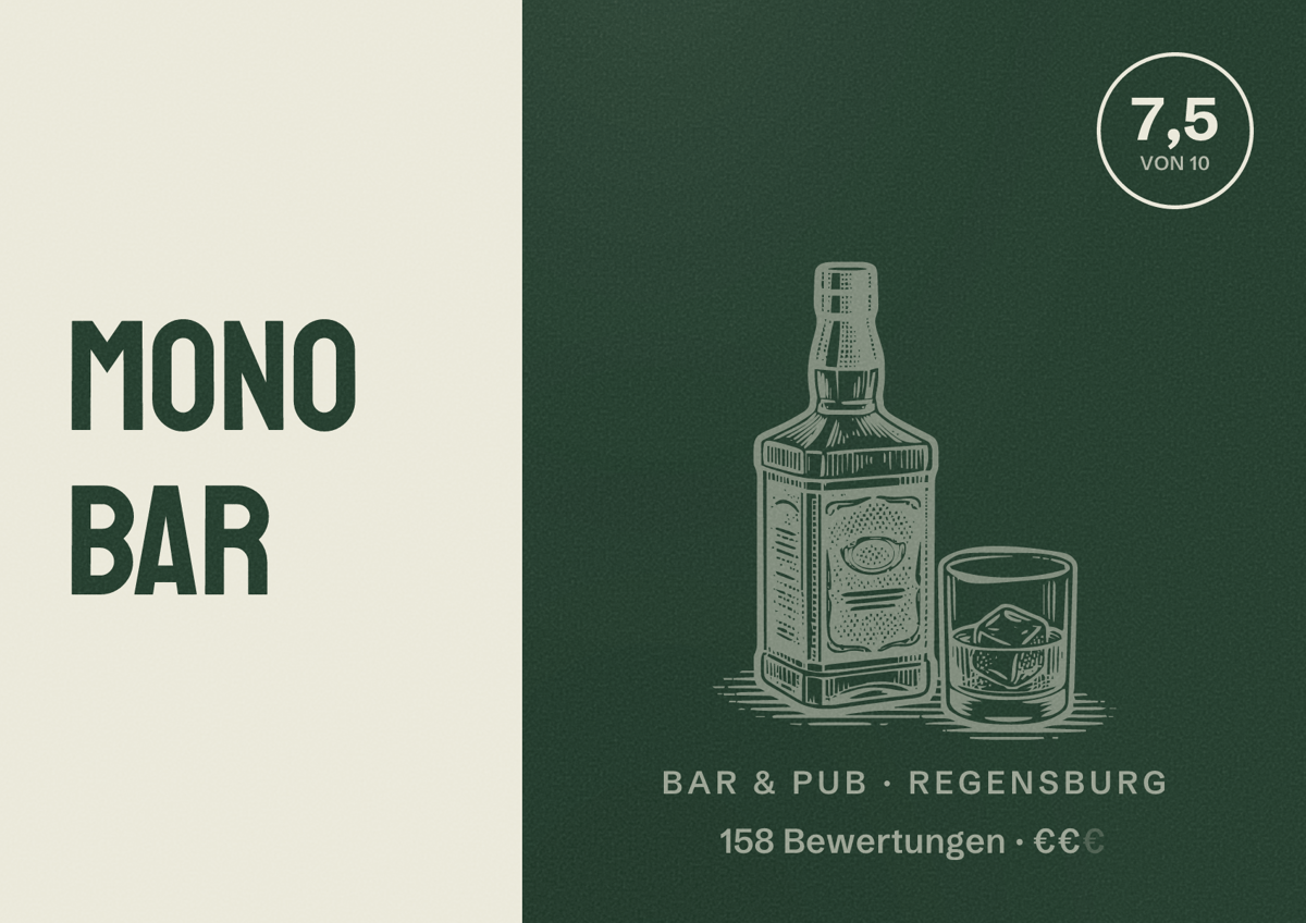 Illustriertes Poster von Mono Bar, Bar & Pub in Regensburg: Bewertung 7,5 von 10 aus 158 Bewertungen, Preisniveau €€