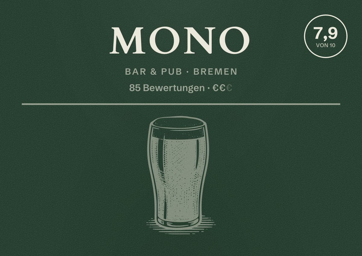 Illustriertes Poster von Mono, Bar & Pub in Bremen: Bewertung 7,9 von 10 aus 85 Bewertungen, Preisniveau €€