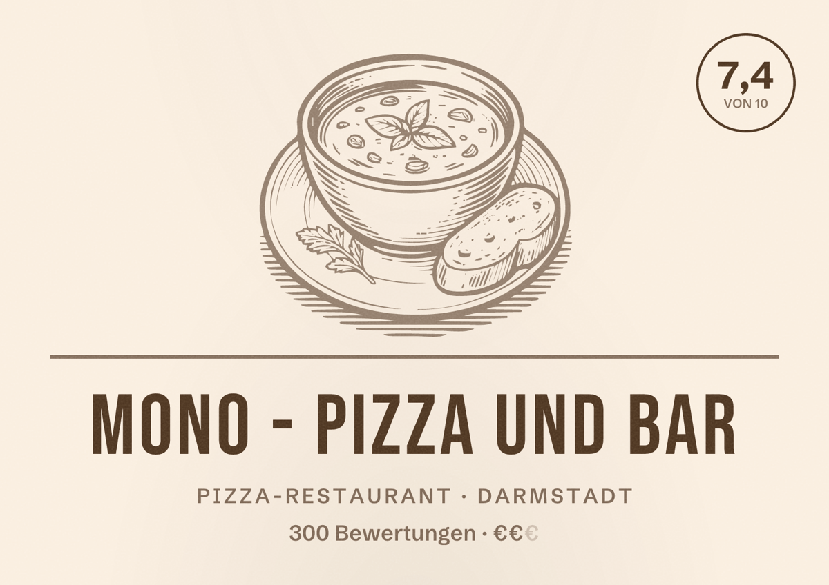 Illustriertes Poster von Mono - Pizza und Bar, Pizza-Restaurant in Darmstadt: Bewertung 7,4 von 10 aus 300 Bewertungen, Preisniveau €€