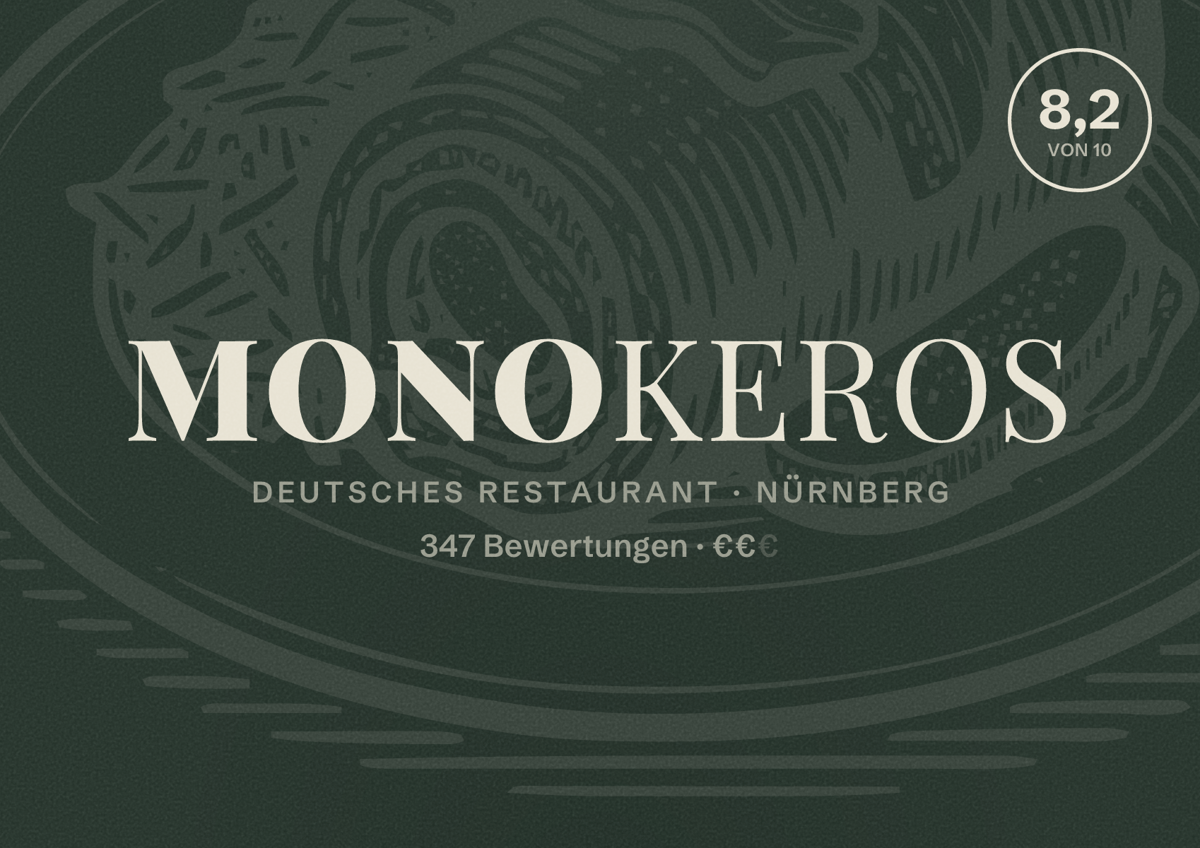 Illustriertes Poster von Monokeros, Deutsches Restaurant in Nürnberg: Bewertung 8,2 von 10 aus 347 Bewertungen, Preisniveau €€