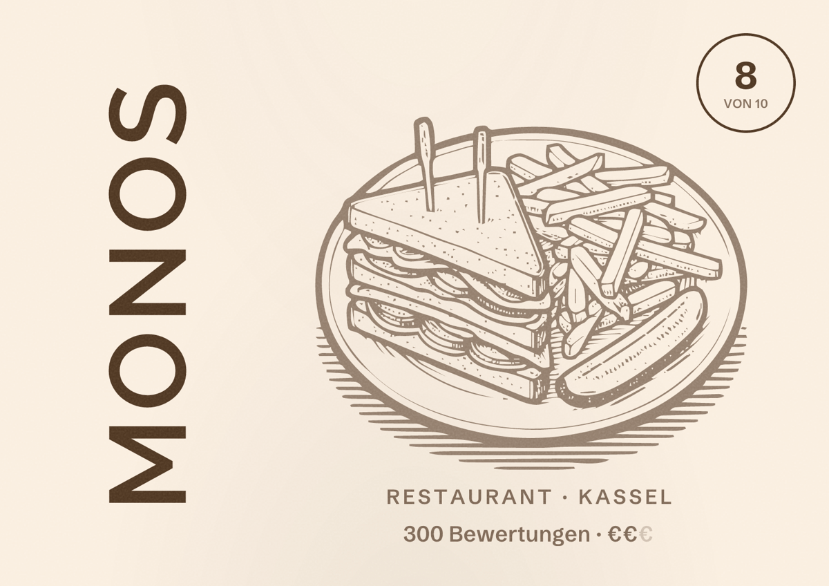 Illustriertes Poster von MONOS, Restaurant in Kassel: Bewertung 8 von 10 aus 300 Bewertungen, Preisniveau €€