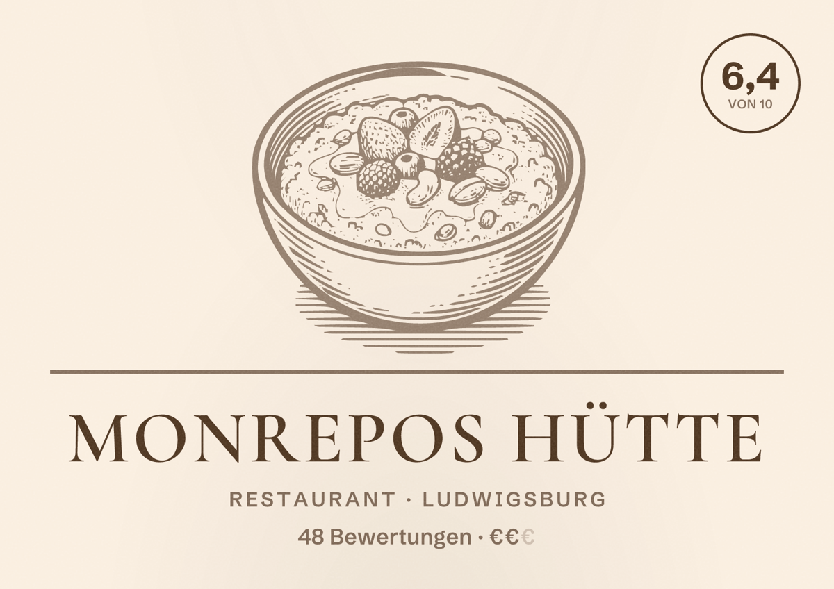Illustriertes Poster von Monrepos Hütte, Restaurant in Ludwigsburg: Bewertung 6,4 von 10 aus 48 Bewertungen, Preisniveau €€