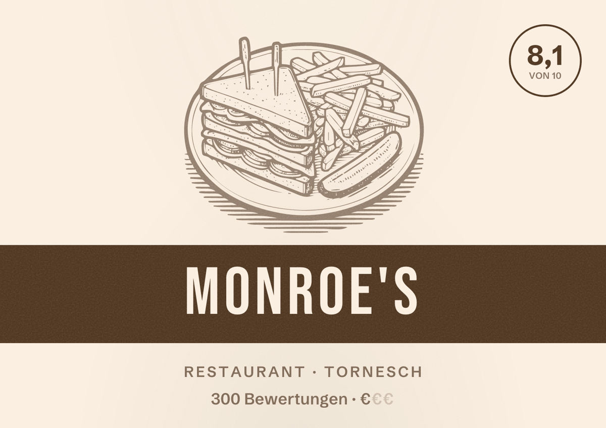 Illustriertes Poster von Monroe's, Restaurant in Tornesch: Bewertung 8,1 von 10 aus 300 Bewertungen, Preisniveau €