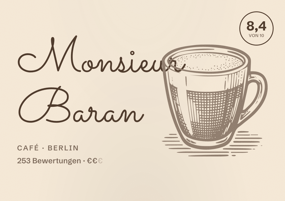 Illustriertes Poster von Monsieur Baran, Café in Berlin: Bewertung 8,4 von 10 aus 253 Bewertungen, Preisniveau €€