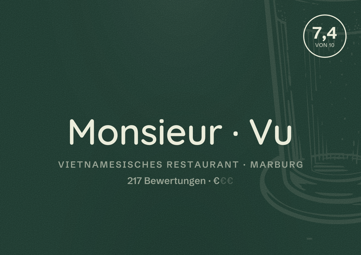 Illustriertes Poster von Monsieur Vu, Vietnamesisches Restaurant in Marburg: Bewertung 7,4 von 10 aus 217 Bewertungen, Preisniveau €