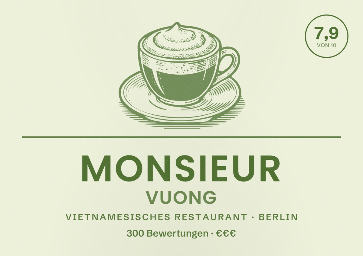 Illustriertes Poster von Monsieur Vuong, Vietnamesisches Restaurant in Berlin: Bewertung 7,9 von 10 aus 300 Bewertungen, Preisniveau €€€