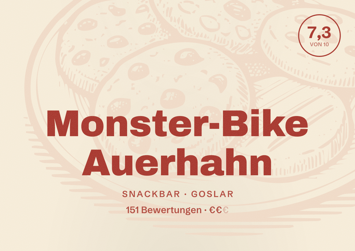Illustriertes Poster von Monster-Bike Auerhahn, Snackbar in Goslar: Bewertung 7,3 von 10 aus 151 Bewertungen, Preisniveau €€