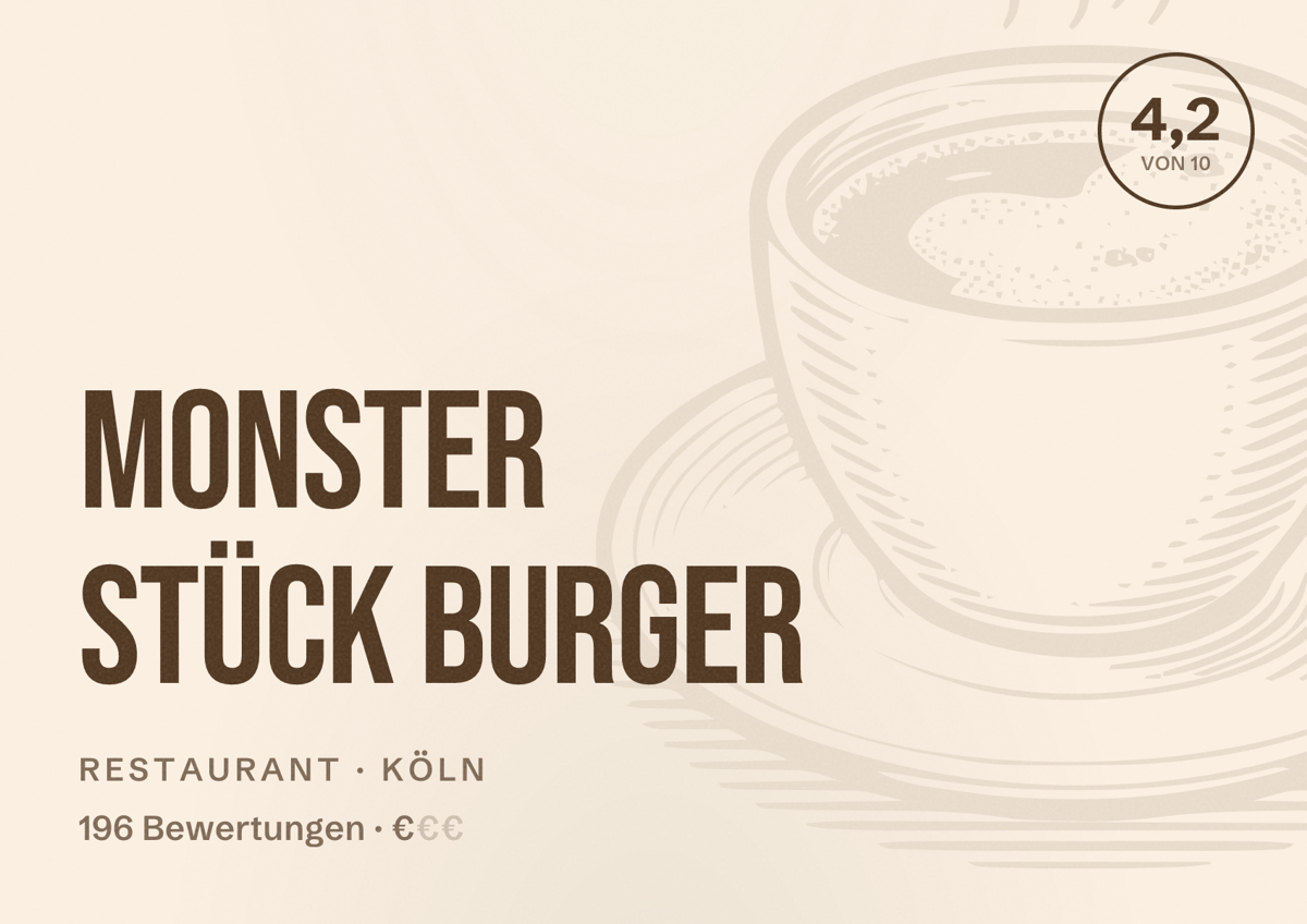 Illustriertes Poster von Monster Stück Burger, Restaurant in Köln: Bewertung 4,2 von 10 aus 196 Bewertungen, Preisniveau €