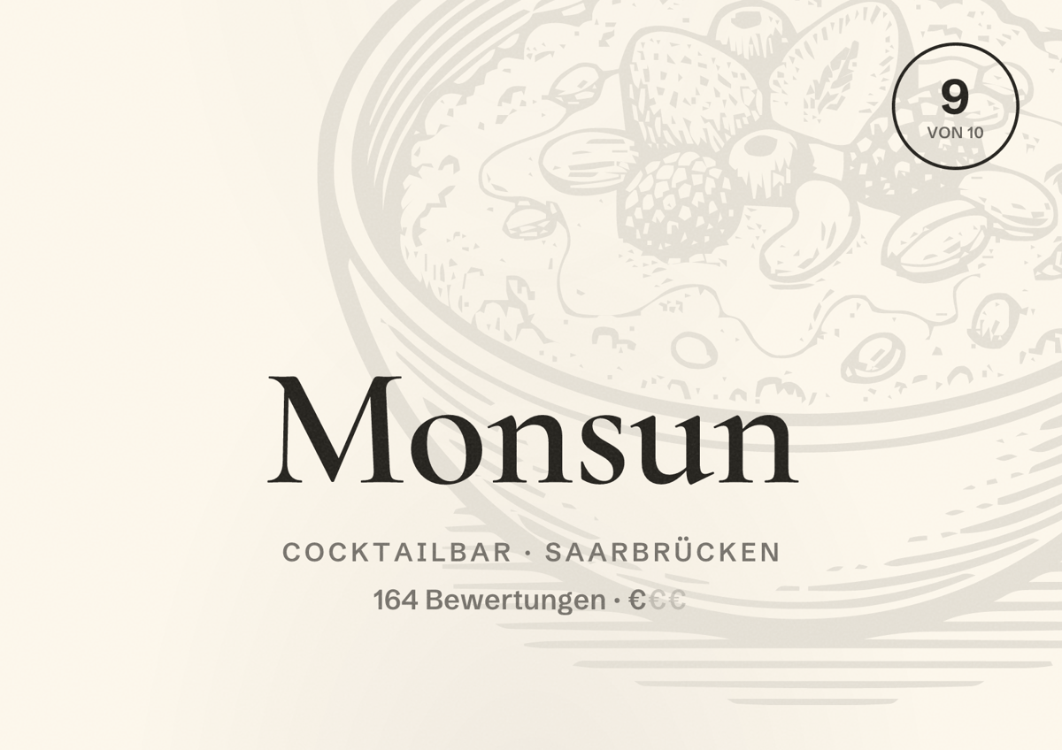 Illustriertes Poster von Monsun, Cocktailbar in Saarbrücken: Bewertung 9,0 von 10 aus 164 Bewertungen, Preisniveau €