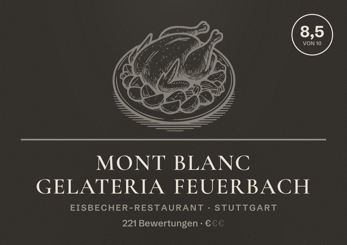 Illustriertes Poster von Mont Blanc Gelateria Feuerbach, Eisbecher-Restaurant in Stuttgart: Bewertung 8,5 von 10 aus 221 Bewertungen, Preisniveau €