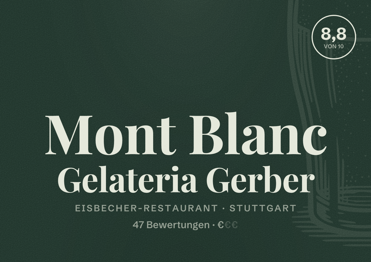Illustriertes Poster von Mont Blanc Gelateria Gerber, Eisbecher-Restaurant in Stuttgart: Bewertung 8,8 von 10 aus 47 Bewertungen, Preisniveau €