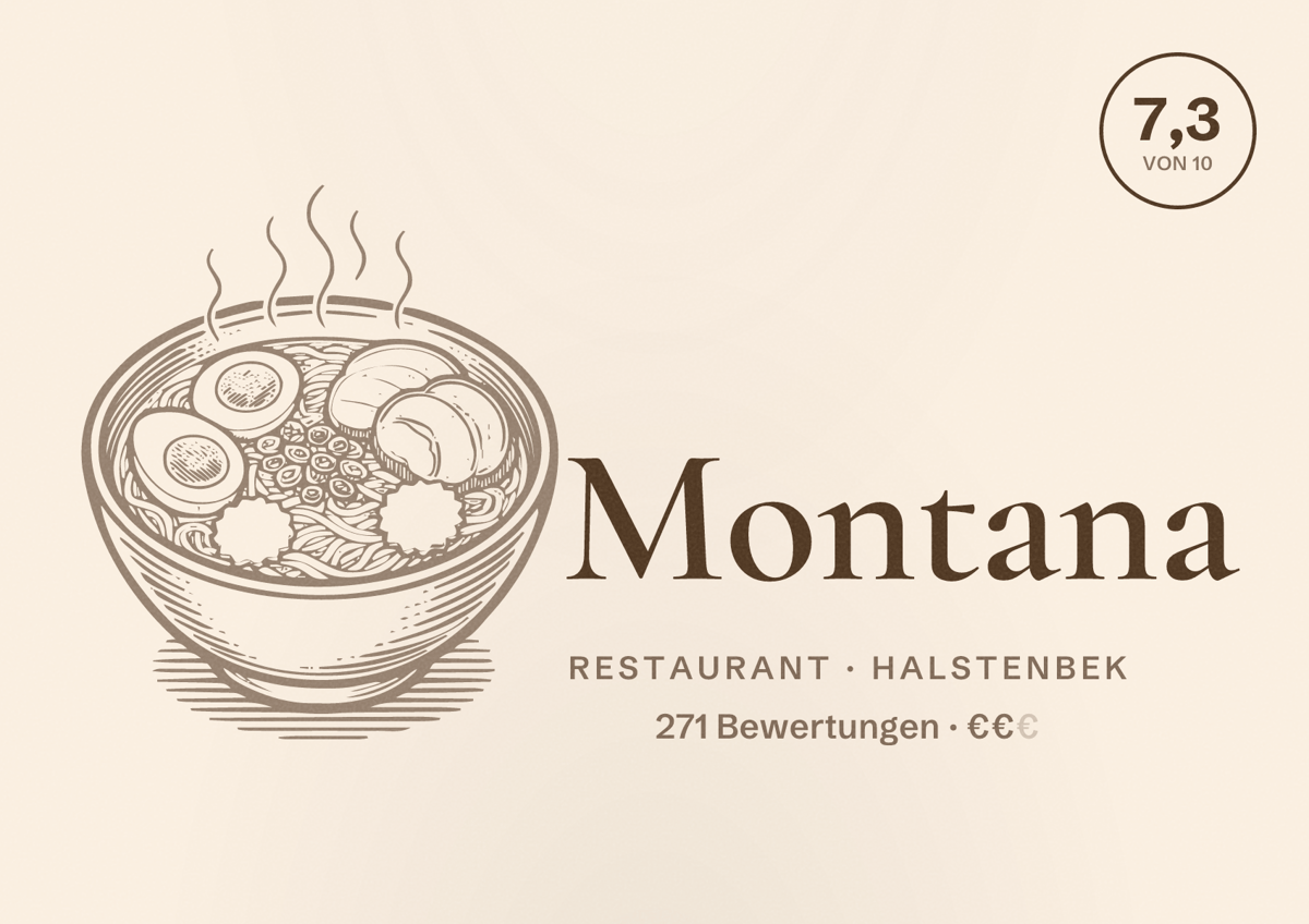 Illustriertes Poster von Montana, Restaurant in Halstenbek: Bewertung 7,3 von 10 aus 271 Bewertungen, Preisniveau €€