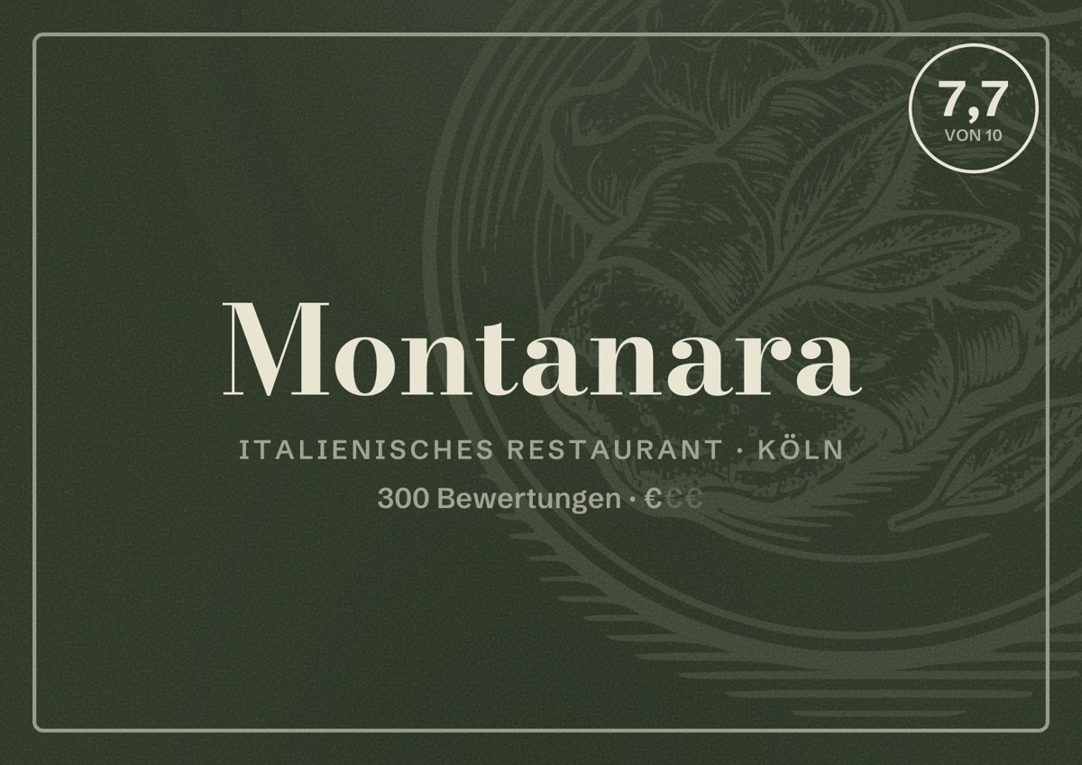 Illustriertes Poster von Montanara, Italienisches Restaurant in Köln: Bewertung 7,7 von 10 aus 300 Bewertungen, Preisniveau €