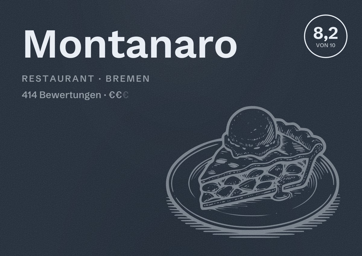 Illustriertes Poster von Montanaro, Restaurant in Bremen: Bewertung 8,2 von 10 aus 414 Bewertungen, Preisniveau €€