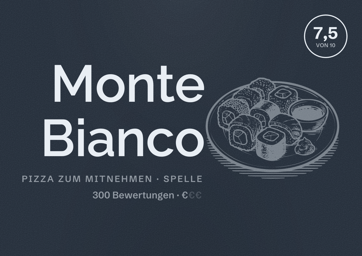 Illustriertes Poster von Monte Bianco, Pizza zum Mitnehmen in Spelle: Bewertung 7,5 von 10 aus 300 Bewertungen, Preisniveau €