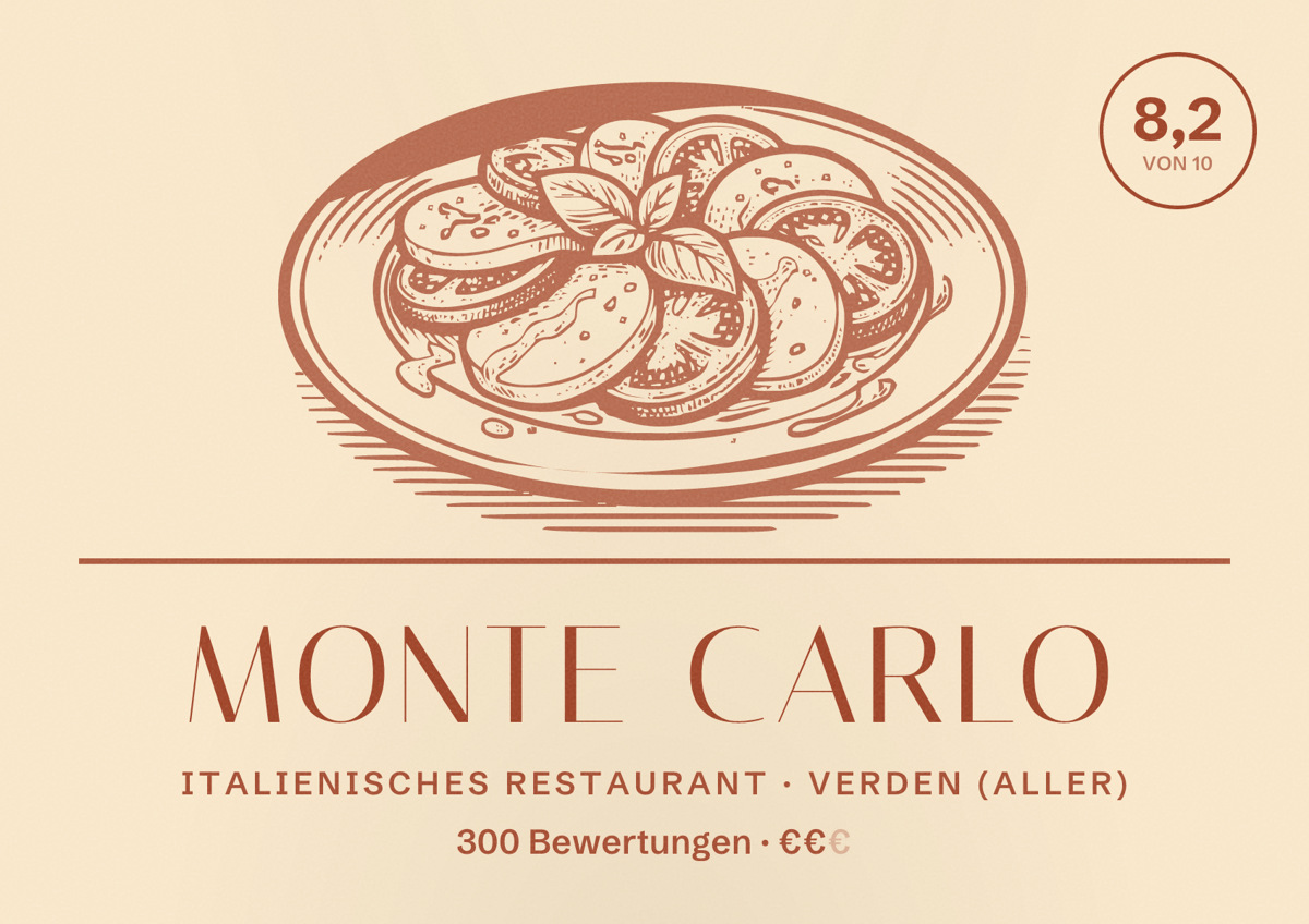 Illustriertes Poster von Monte Carlo, Italienisches Restaurant in Verden (Aller): Bewertung 8,2 von 10 aus 300 Bewertungen, Preisniveau €€