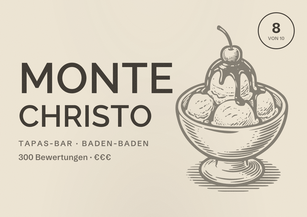 Illustriertes Poster von Monte Christo, Tapas-Bar in Baden-Baden: Bewertung 8 von 10 aus 300 Bewertungen, Preisniveau €€€