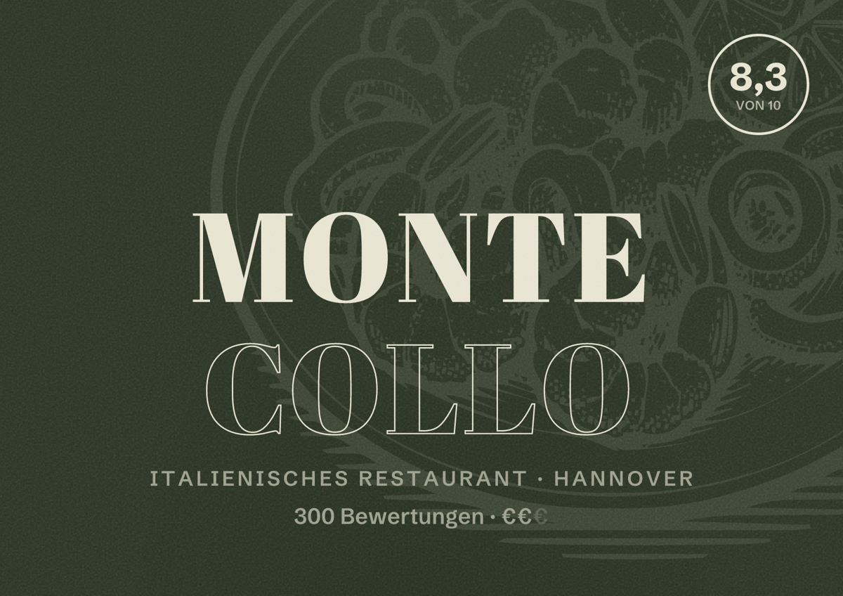 Illustriertes Poster von Monte Collo, Italienisches Restaurant in Hannover: Bewertung 8,3 von 10 aus 300 Bewertungen, Preisniveau €€