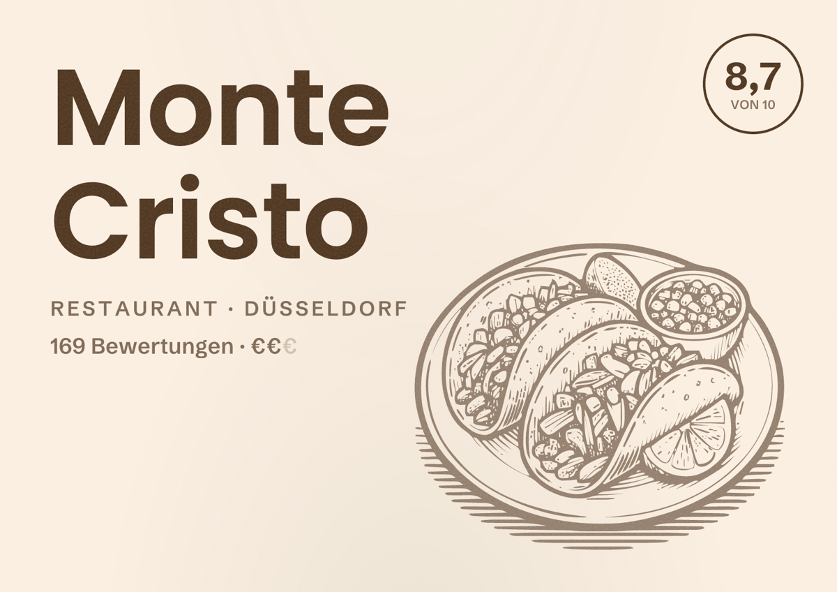 Illustriertes Poster von Monte Cristo, Restaurant in Düsseldorf: Bewertung 8,7 von 10 aus 169 Bewertungen, Preisniveau €€