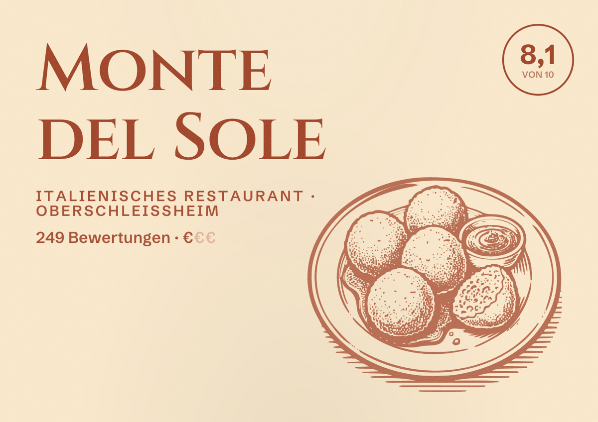 Illustriertes Poster von Monte del Sole, Italienisches Restaurant in Oberschleißheim: Bewertung 8,1 von 10 aus 249 Bewertungen, Preisniveau €