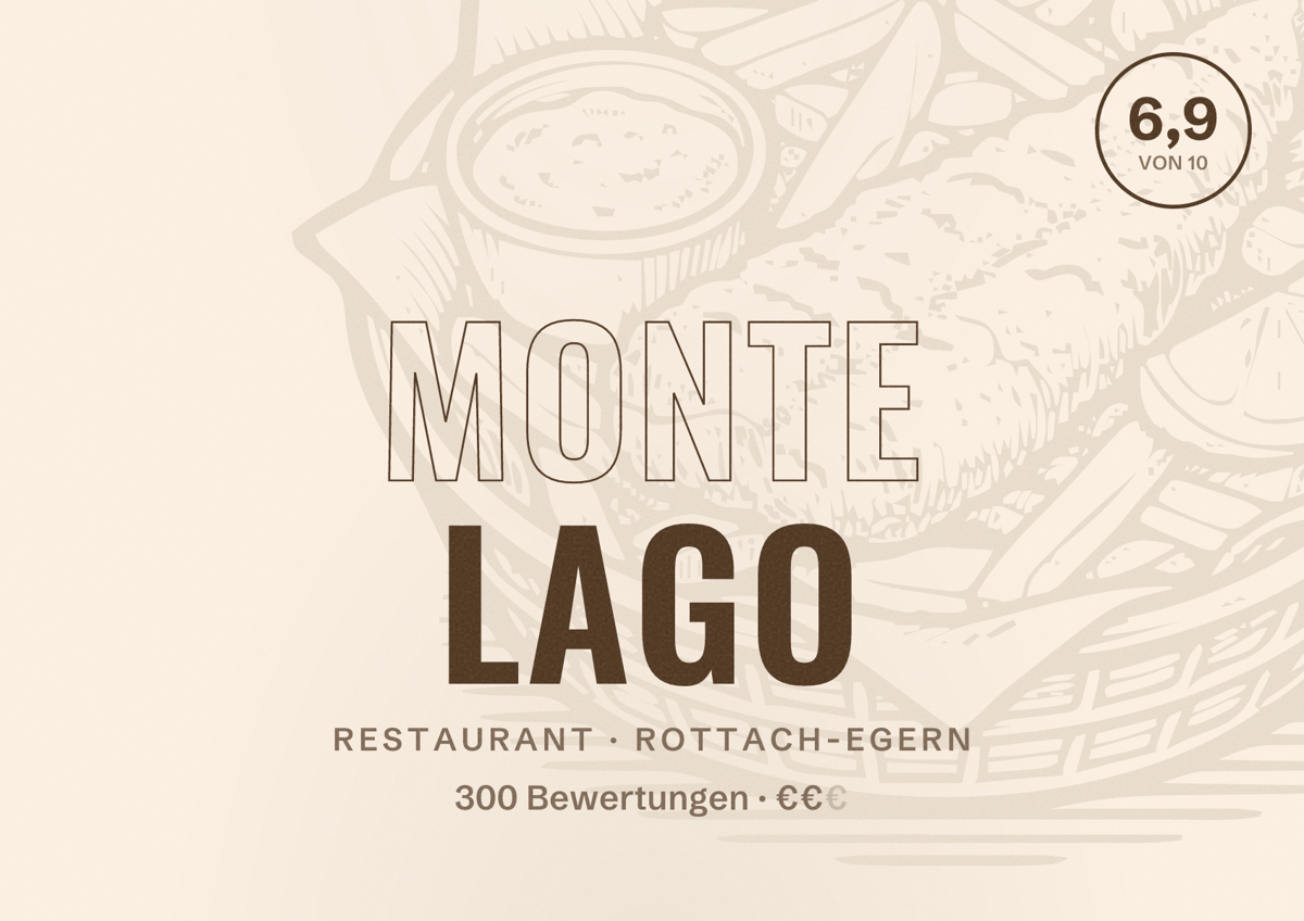 Illustriertes Poster von Monte Lago, Restaurant in Rottach-Egern: Bewertung 6,9 von 10 aus 300 Bewertungen, Preisniveau €€