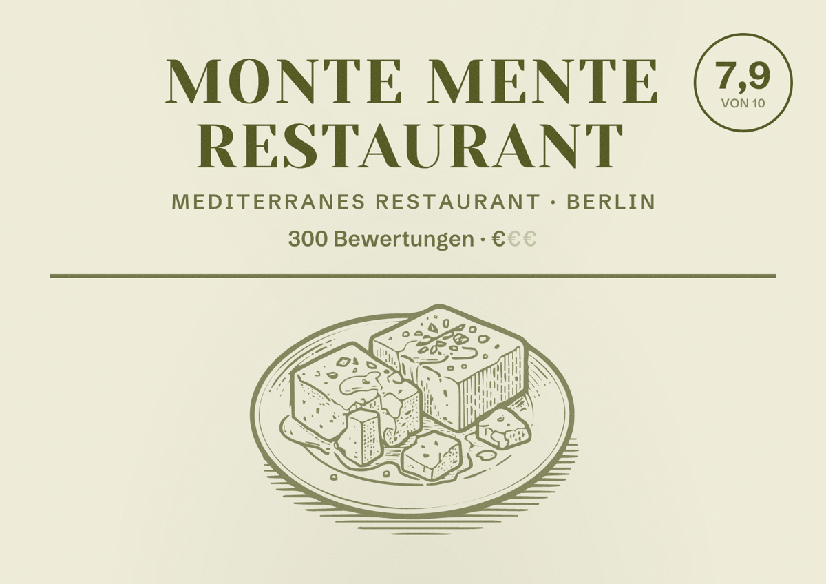 Illustriertes Poster von Monte Mente Restaurant, Mediterranes Restaurant in Berlin: Bewertung 7,9 von 10 aus 300 Bewertungen, Preisniveau €