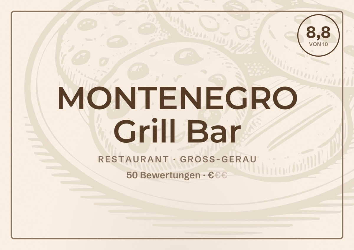 Illustriertes Poster von MONTENEGRO Grill Bar, Restaurant in Groß-Gerau: Bewertung 8,8 von 10 aus 50 Bewertungen, Preisniveau €