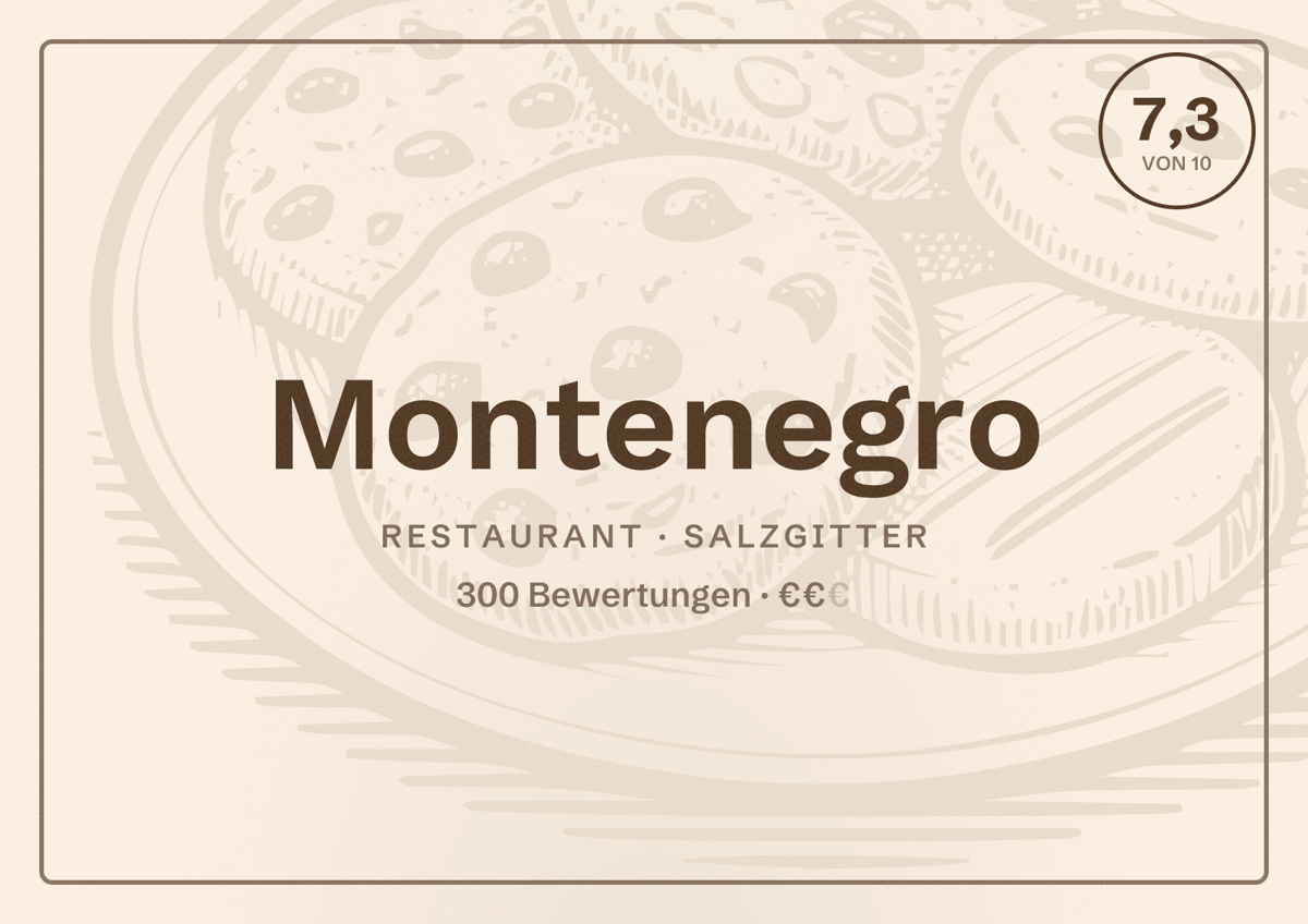 Illustriertes Poster von Montenegro, Restaurant in Salzgitter: Bewertung 7,3 von 10 aus 300 Bewertungen, Preisniveau €€