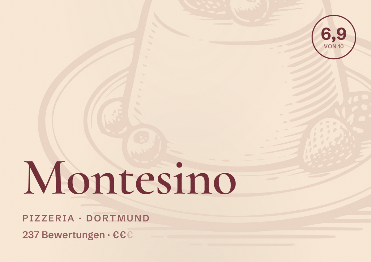 Illustriertes Poster von Montesino, Pizzeria in Dortmund: Bewertung 6,9 von 10 aus 237 Bewertungen, Preisniveau €€