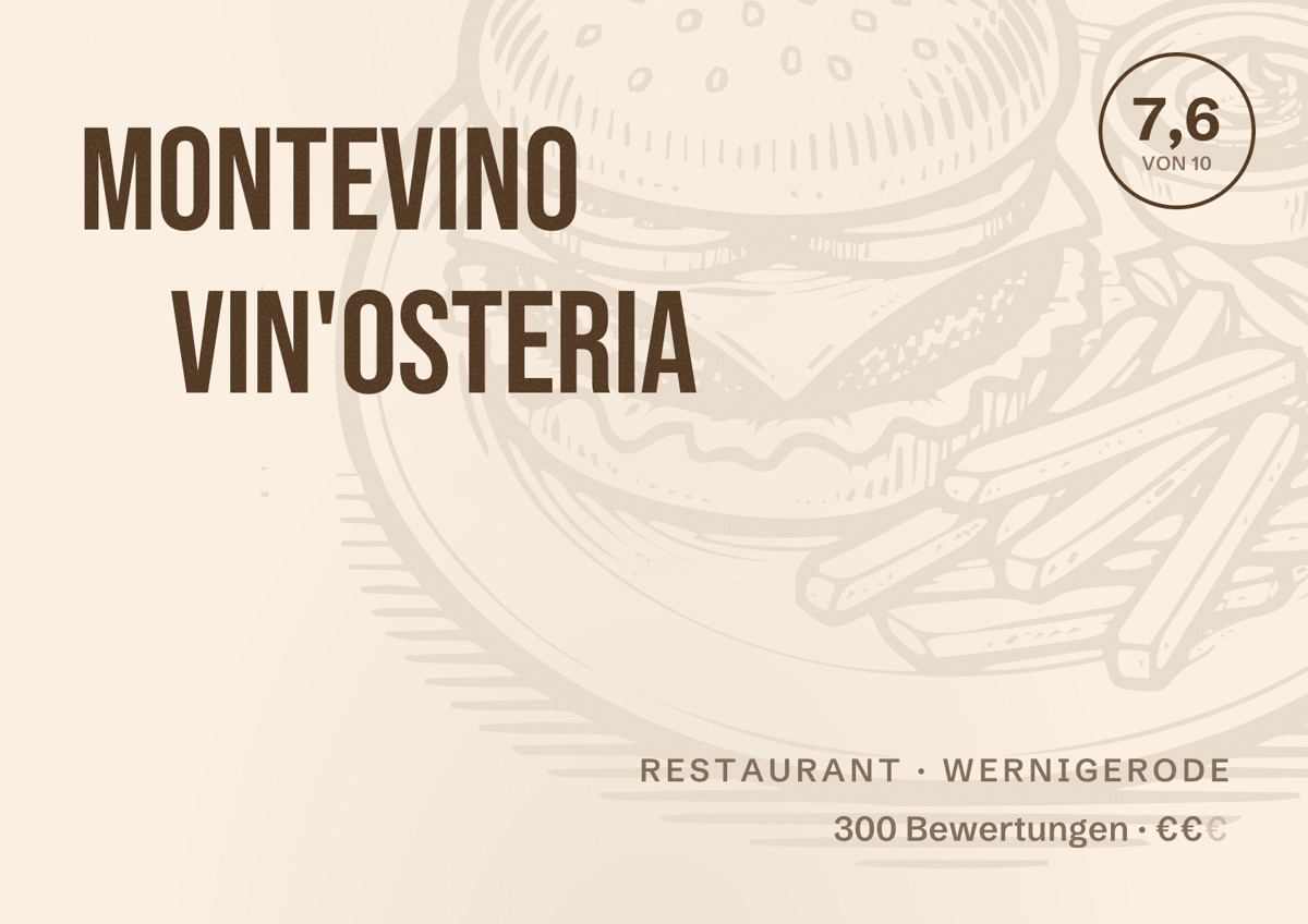 Illustriertes Poster von Montevino Vin'Osteria, Restaurant in Wernigerode: Bewertung 7,6 von 10 aus 300 Bewertungen, Preisniveau €€
