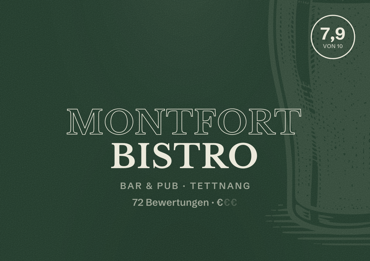 Illustriertes Poster von Montfort Bistro, Bar & Pub in Tettnang: Bewertung 7,9 von 10 aus 72 Bewertungen, Preisniveau €