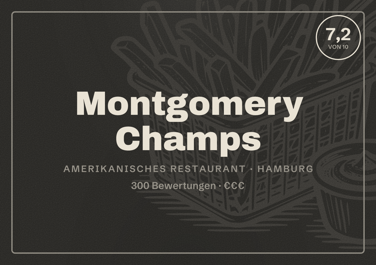 Illustriertes Poster von Montgomery Champs, Amerikanisches Restaurant in Hamburg: Bewertung 7,2 von 10 aus 300 Bewertungen, Preisniveau €€€