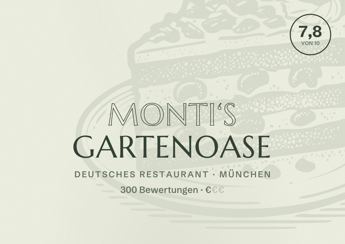Illustriertes Poster von Monti‘s Gartenoase, Deutsches Restaurant in München: Bewertung 7,8 von 10 aus 300 Bewertungen, Preisniveau €