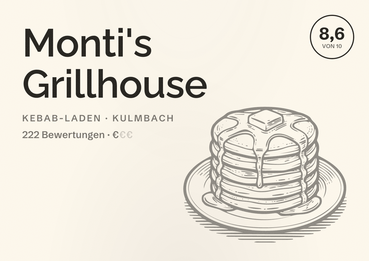 Illustriertes Poster von Monti's Grillhouse, Kebab-Laden in Kulmbach: Bewertung 8,6 von 10 aus 222 Bewertungen, Preisniveau €