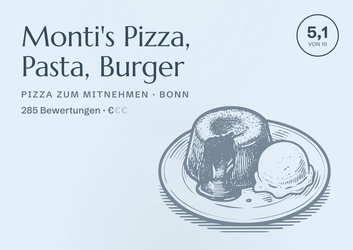 Illustriertes Poster von Monti's Pizza, Pasta, Burger, Pizza zum Mitnehmen in Bonn: Bewertung 5,1 von 10 aus 285 Bewertungen, Preisniveau €