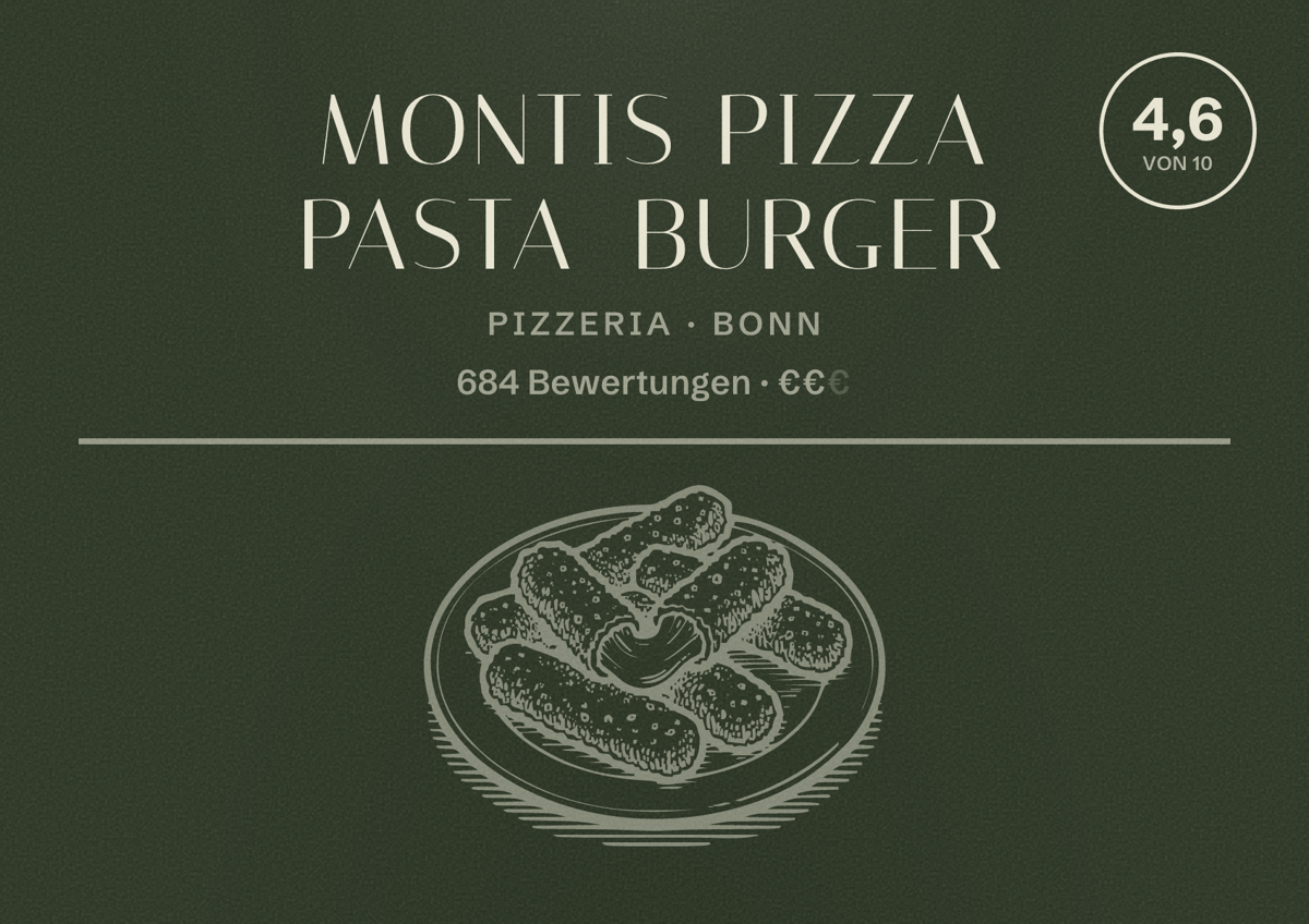 Illustriertes Poster von Montis Pizza Pasta Burger, Pizzeria in Bonn: Bewertung 4,6 von 10 aus 684 Bewertungen, Preisniveau €€