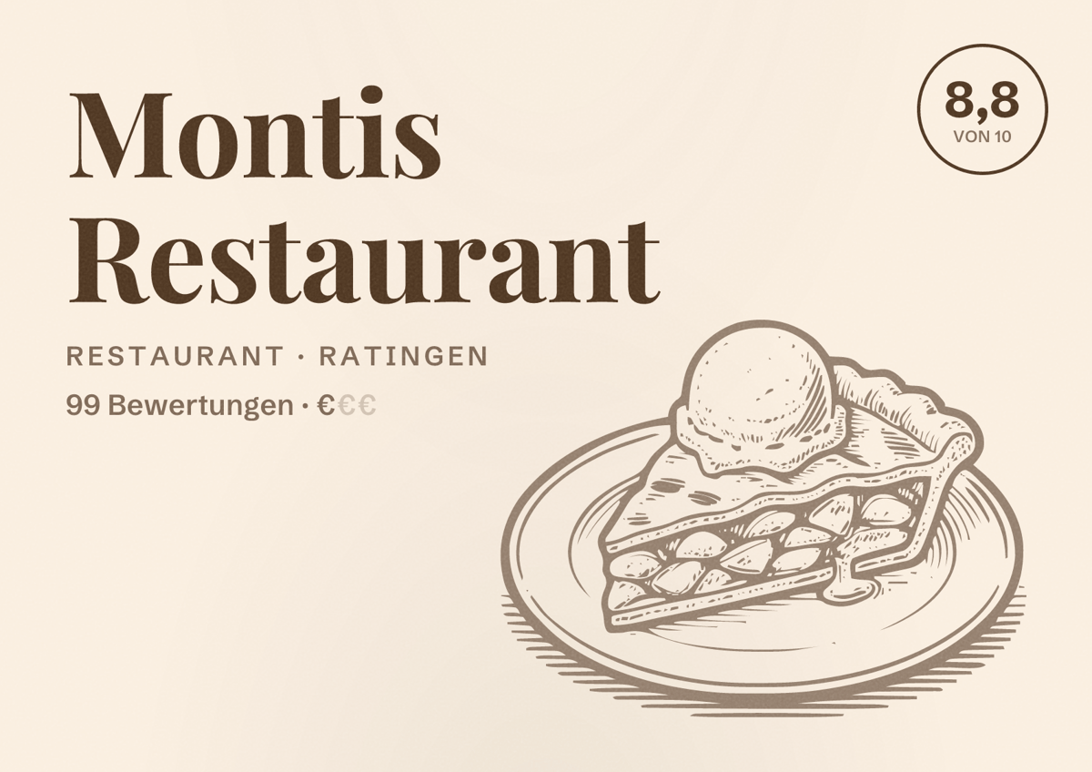 Illustriertes Poster von Montis Restaurant, Restaurant in Ratingen: Bewertung 8,8 von 10 aus 99 Bewertungen, Preisniveau €