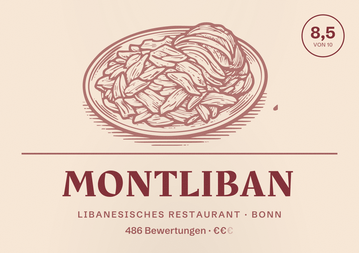 Illustriertes Poster von MontLiban, Libanesisches Restaurant in Bonn: Bewertung 8,5 von 10 aus 486 Bewertungen, Preisniveau €€