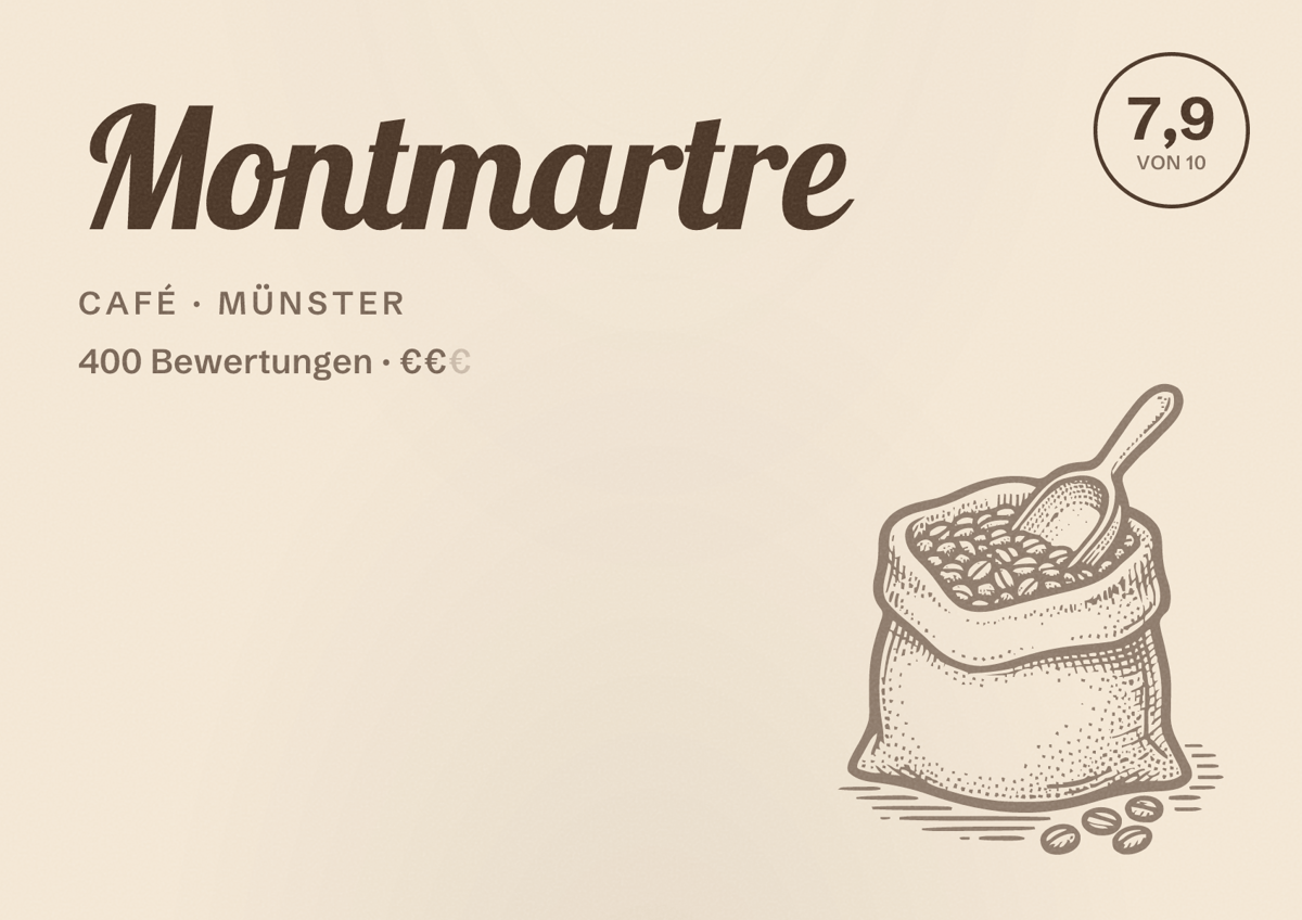 Illustriertes Poster von Montmartre, Café in Münster: Bewertung 7,9 von 10 aus 400 Bewertungen, Preisniveau €€