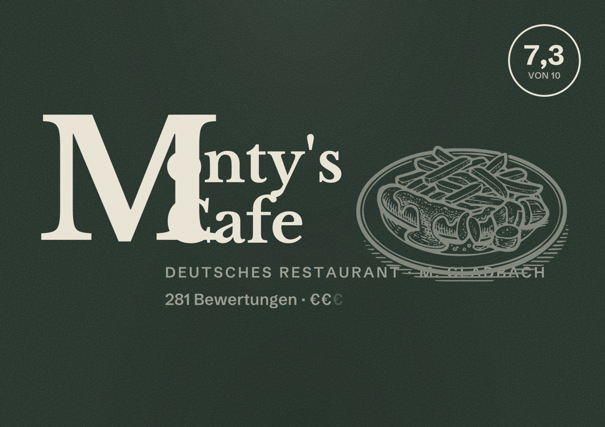 Illustriertes Poster von Monty's Cafe, Deutsches Restaurant in M. Gladbach: Bewertung 7,3 von 10 aus 281 Bewertungen, Preisniveau €€