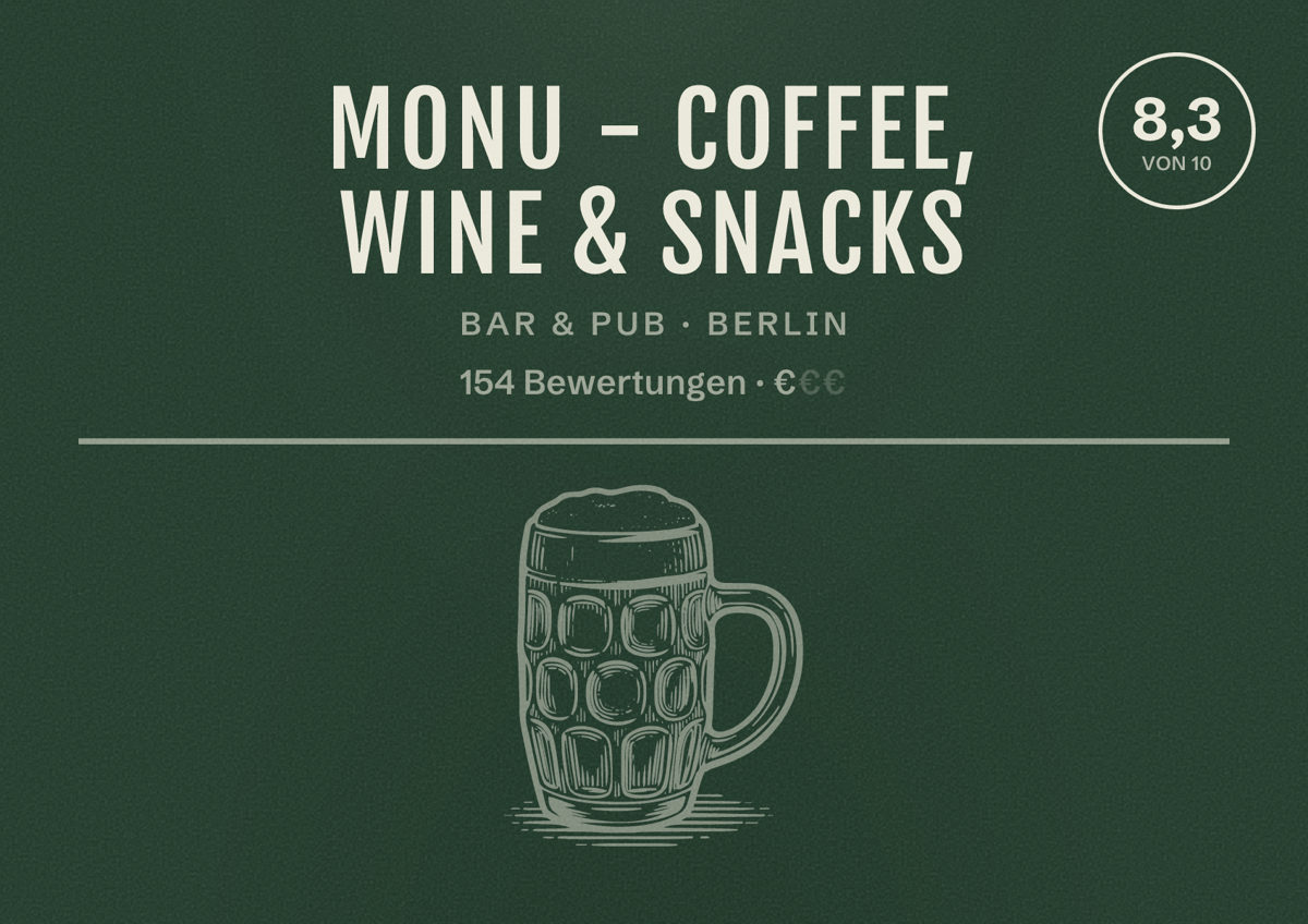 Illustriertes Poster von monu - coffee, wine & snacks, Bar & Pub in Berlin: Bewertung 8,3 von 10 aus 154 Bewertungen, Preisniveau €