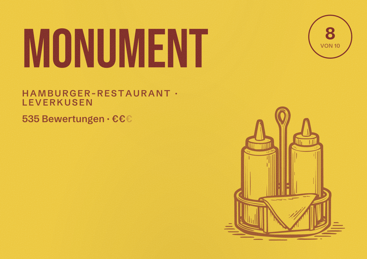 Illustriertes Poster von MONUMENT, Hamburger-Restaurant in Leverkusen: Bewertung 8,0 von 10 aus 535 Bewertungen, Preisniveau €€