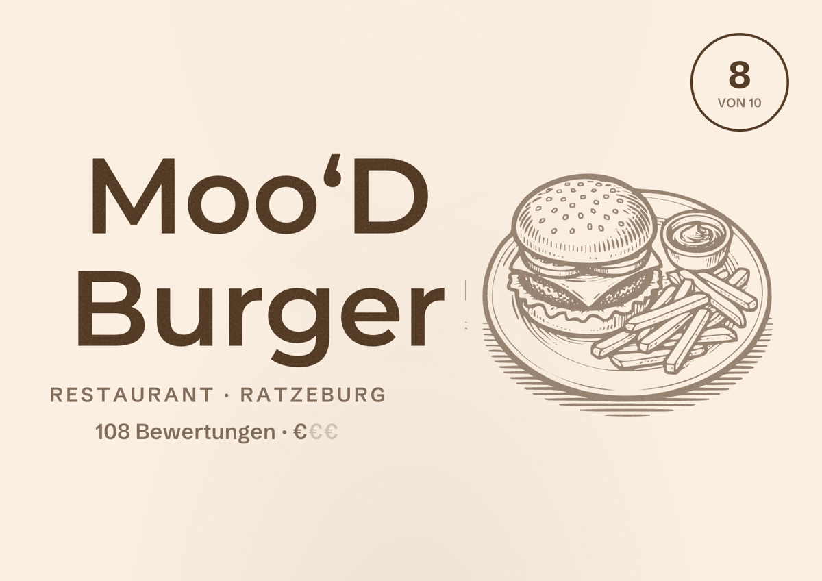 Illustriertes Poster von Moo‘D Burger, Restaurant in Ratzeburg: Bewertung 8 von 10 aus 108 Bewertungen, Preisniveau €